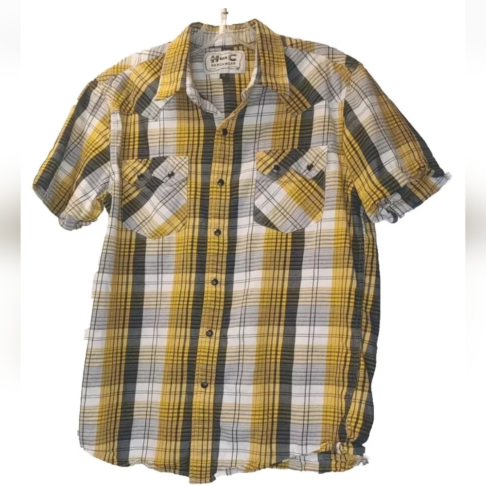 H Bar C Ranchwear Rockabilly Pearl Snap Shirt Med Yellow Plaid Sawtooth Pockets